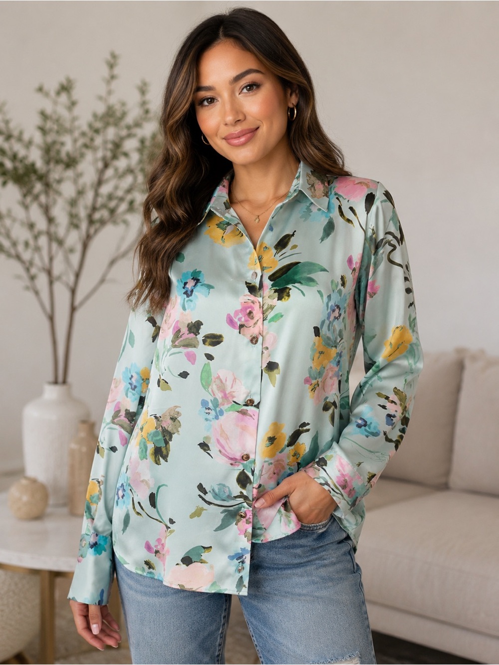 Zara Floral Button-Down Shirt - Mint Floral XS